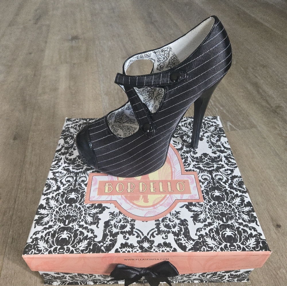 Bordello Black and White Pinstripe Heels